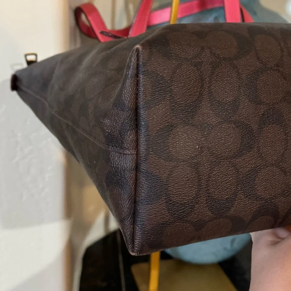 Coach Signature Brown Tote with Pink Trim
